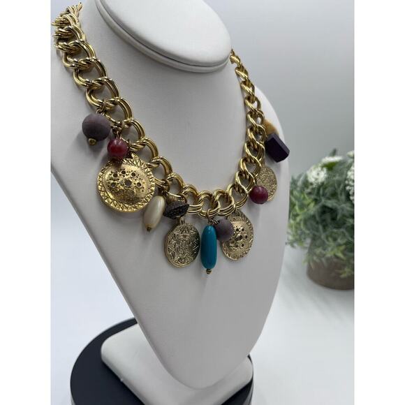 Carol Dauplaise Signed Vintage Double Gold-tone Link Disc Bead Charm Necklace - Picture 5 of 13